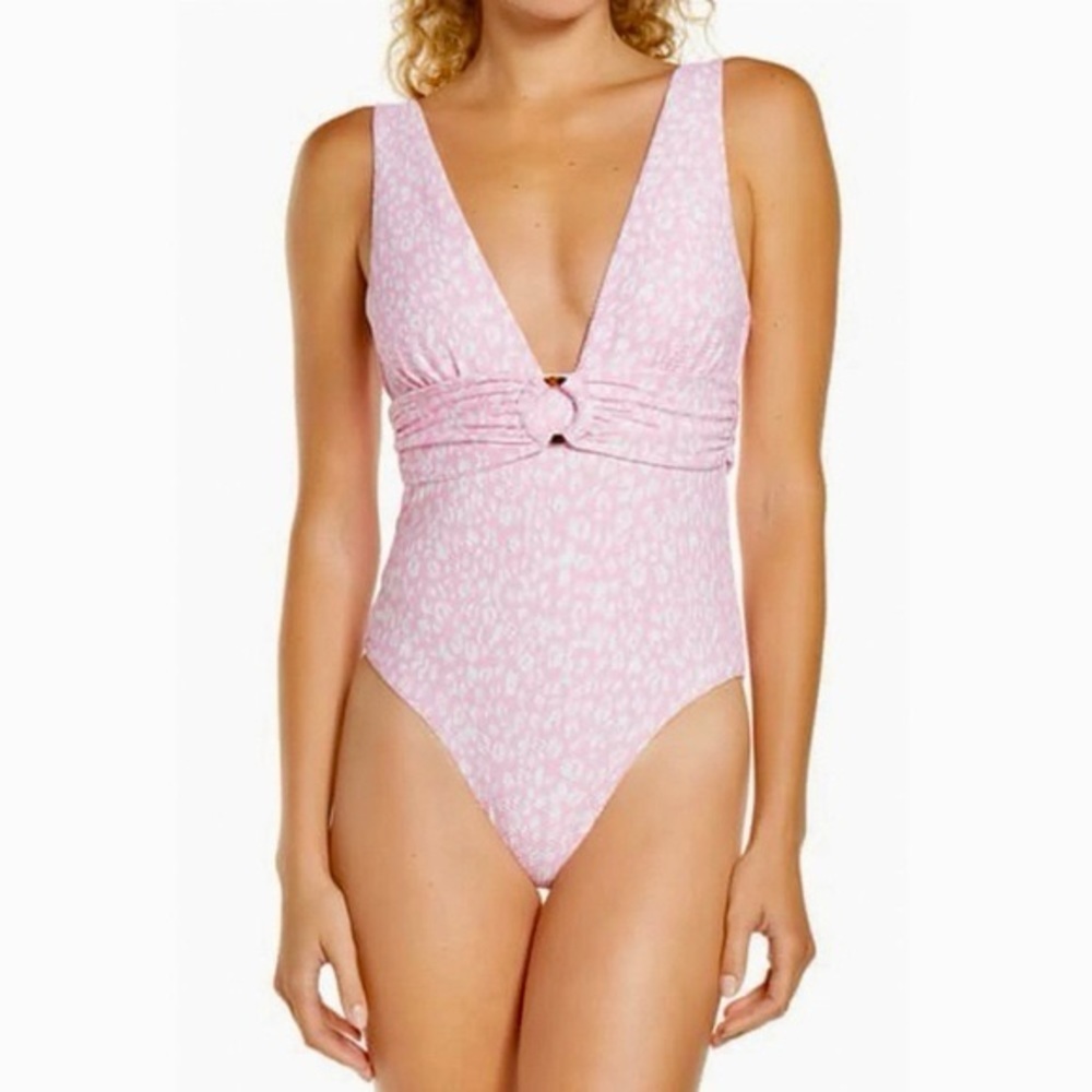 Chelsea 28 Pink Leopard One Piece Plunging V-Neck Belted Textured Swim Suit
